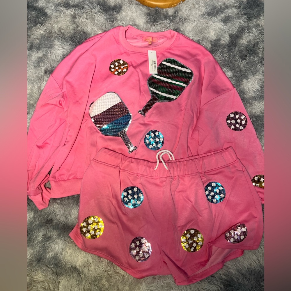 Pink Sequin Paddle Graphic Sweatshirt & Shorts Set